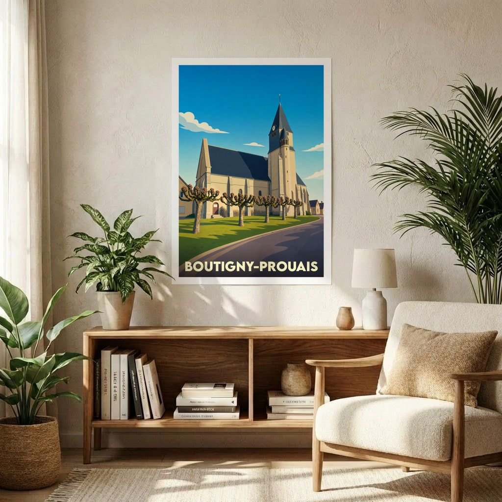 Affiche souvenir de la ville de Boutigny-Prouais avec une illustration stylisée de son église.