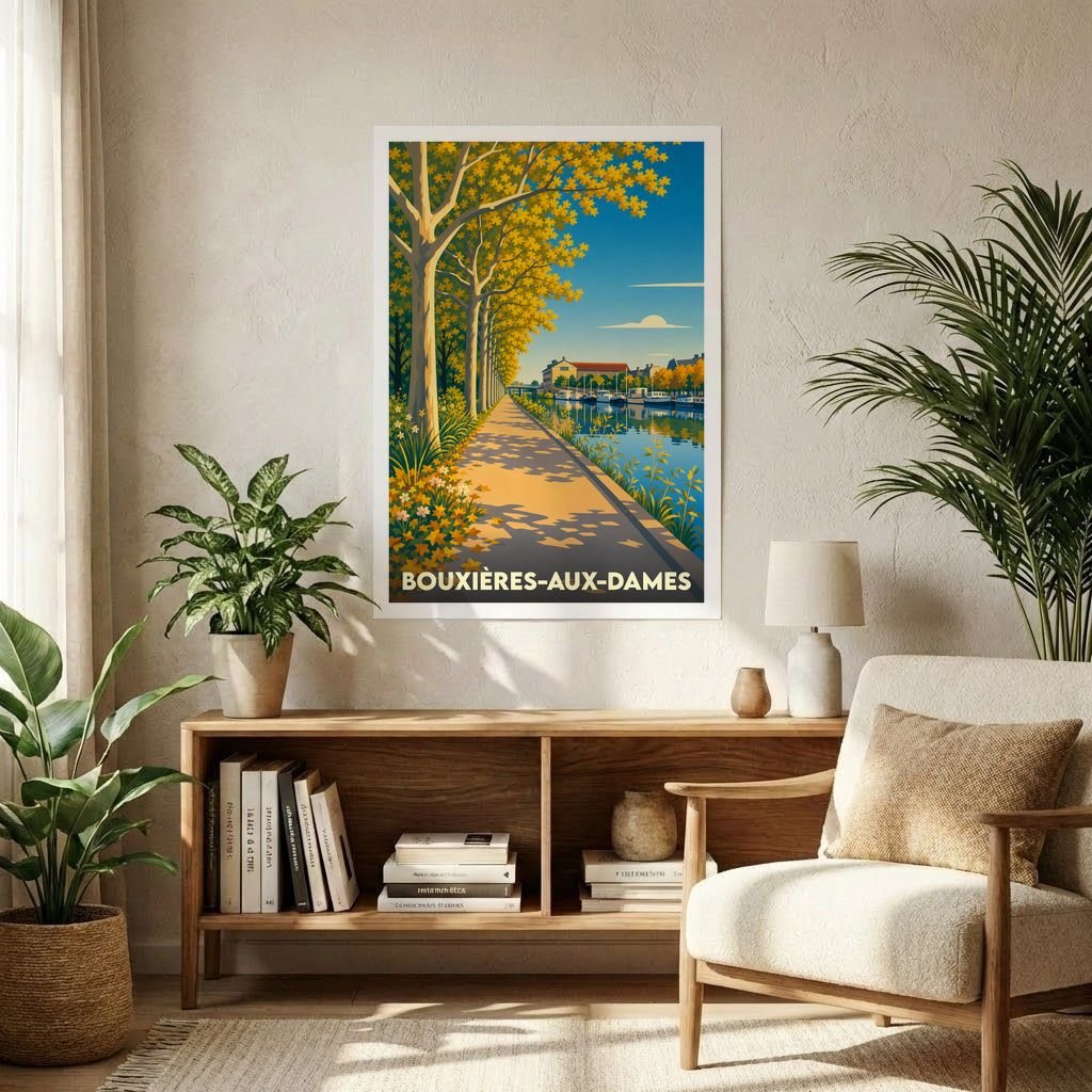 Affiche souvenir de la ville de Bouxières-aux-Dames avec une illustration stylisée d'un chemin de halage arboré.