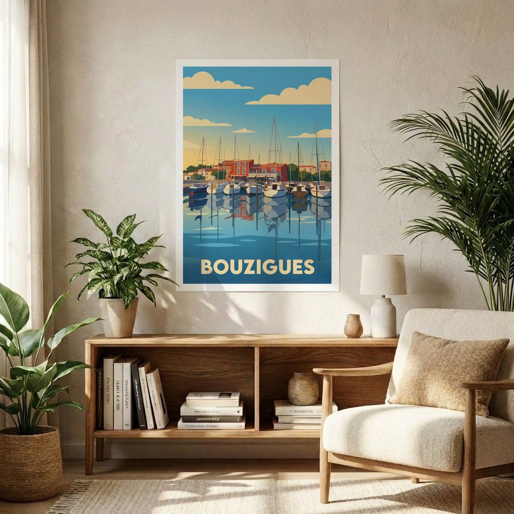 Affiche souvenir de la ville de Bouzigues avec une illustration stylisée de son port.