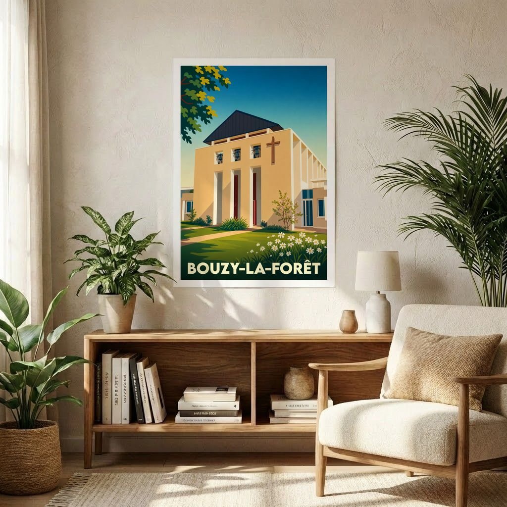 Affiche souvenir de la ville de Bouzy-la-Forêt illustrant une église moderne dans un style graphique épuré.