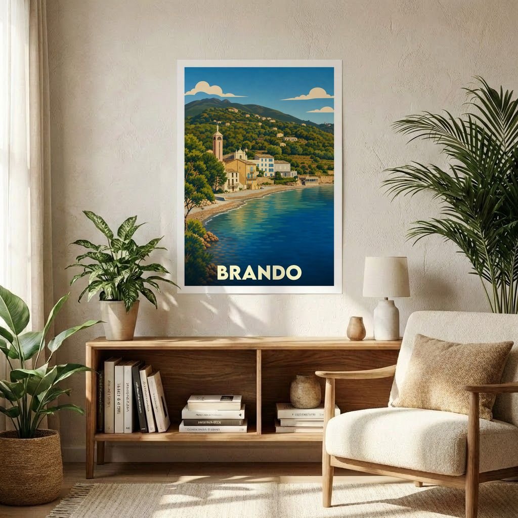Affiche souvenir de la ville de Brando présentant une illustration stylisée de son littoral et de son village.
