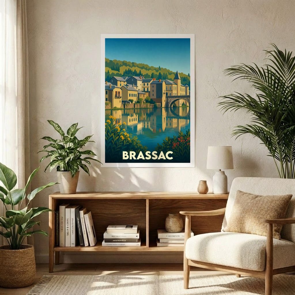 Affiche souvenir de la ville de Brassac représentant une vue stylisée de ses maisons et de son pont se reflétant dans l'eau.