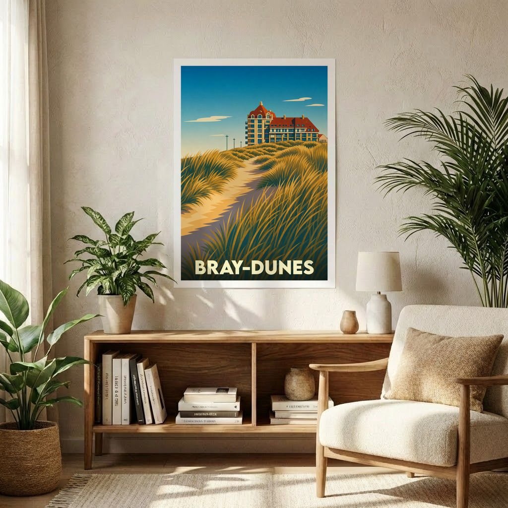Affiche souvenir de la ville de Bray-Dunes avec une illustration stylisée de ses dunes et de son architecture.