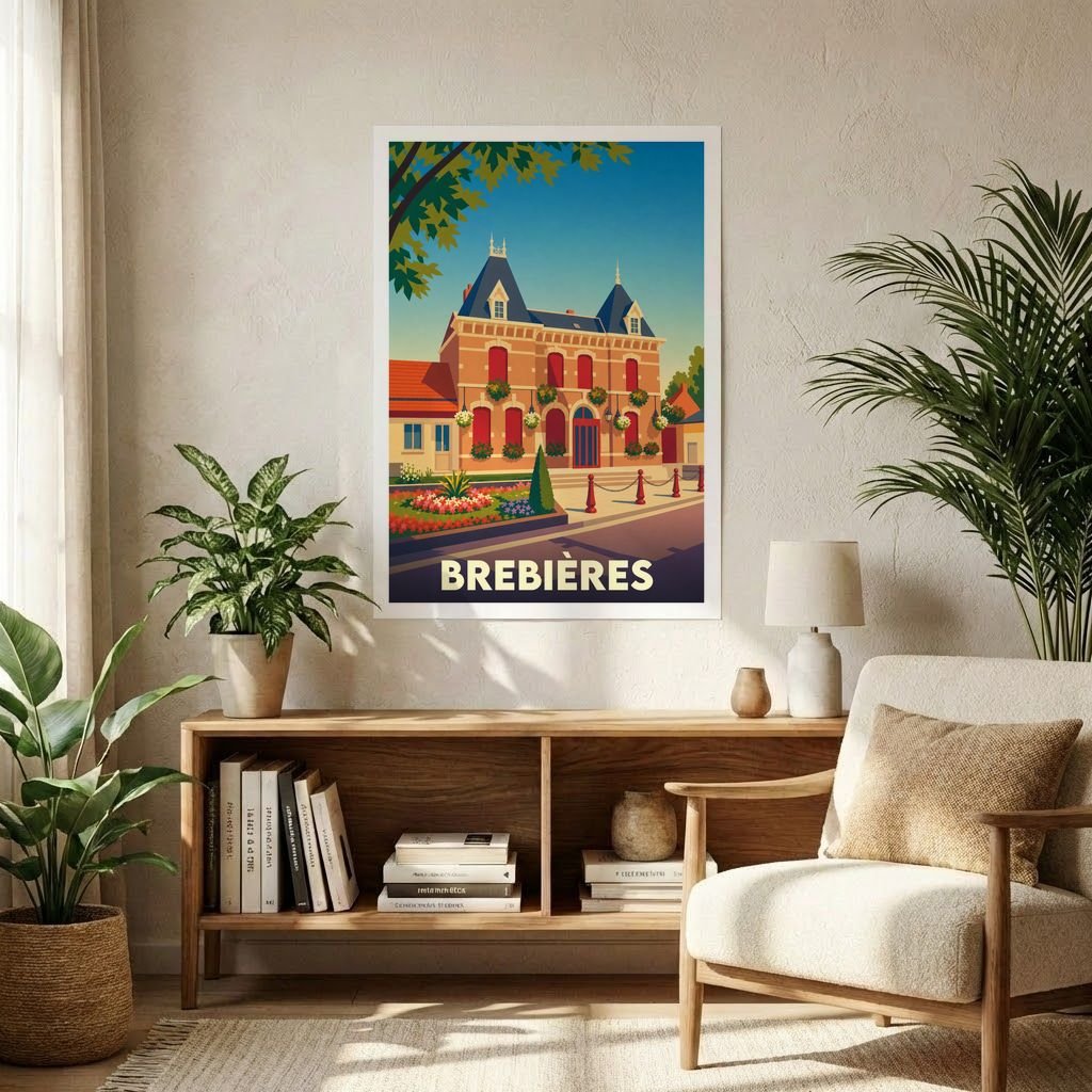 Affiche souvenir de la ville de Brebières avec une illustration stylisée et colorée de son architecture.