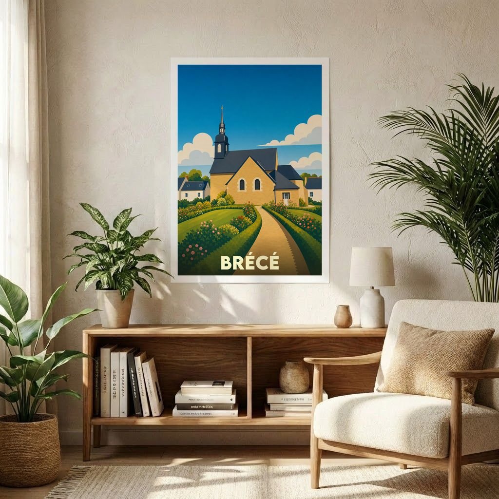 Affiche souvenir de la ville de Brécé présentant une illustration stylisée de son église et de son paysage verdoyant.