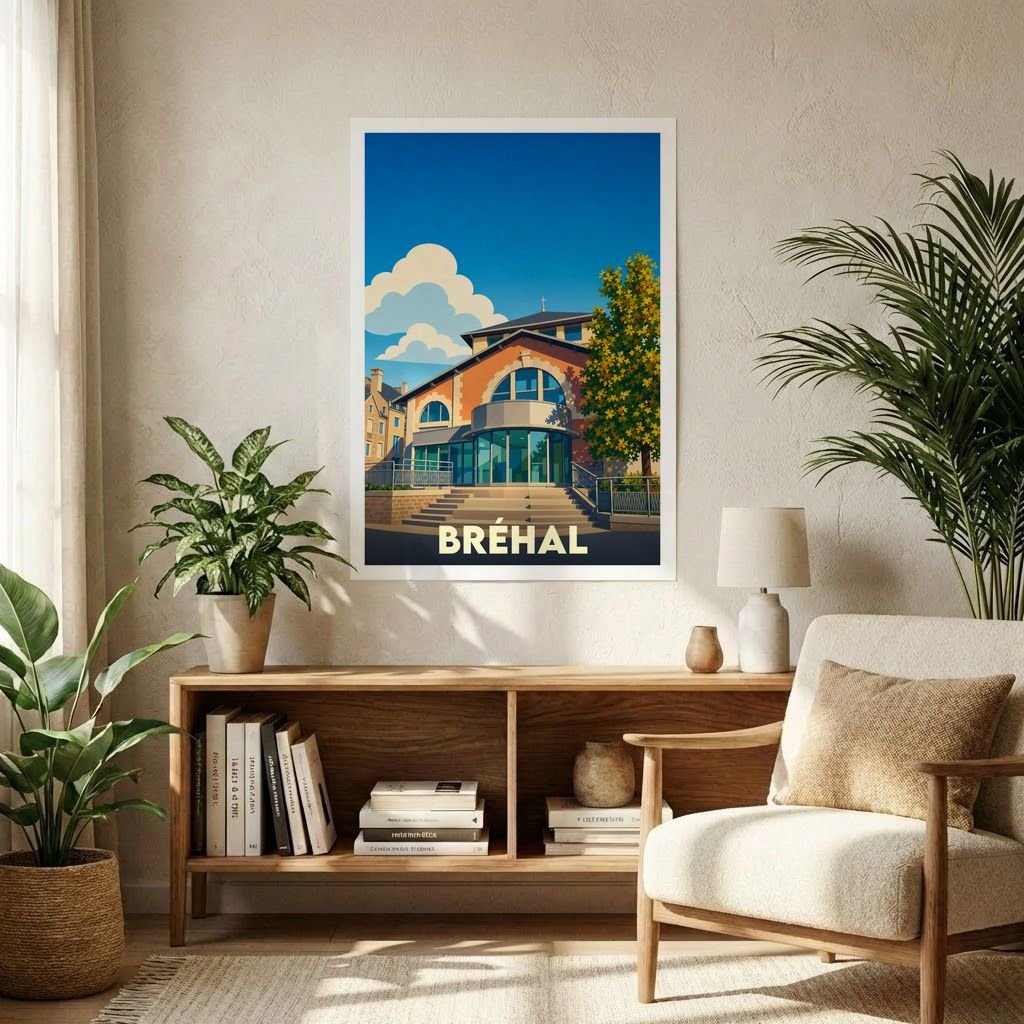 Affiche souvenir de la ville de Bréhal avec une illustration stylisée d'un bâtiment emblématique sous un ciel bleu.