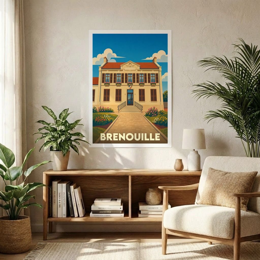 Affiche souvenir de la ville de Brenouille présentant une illustration stylisée de sa mairie sous un ciel bleu.