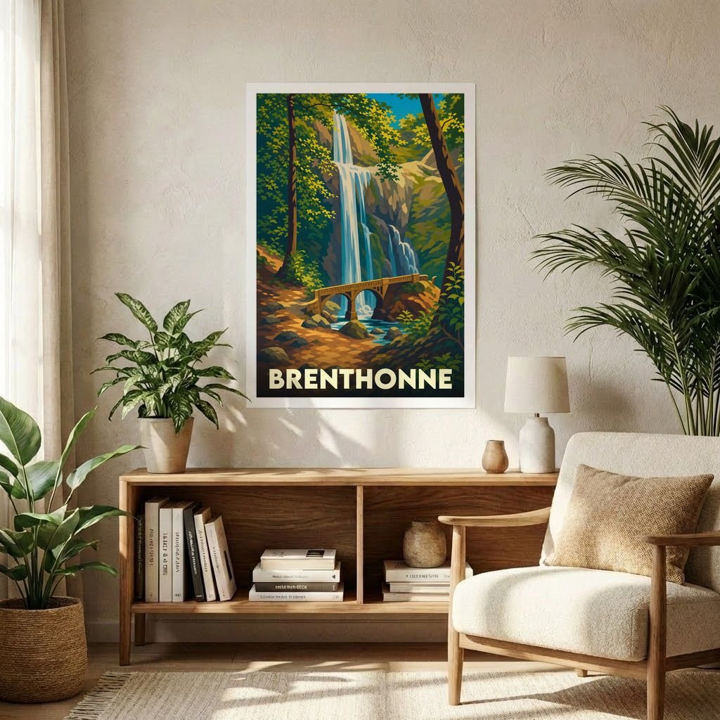 Affiche souvenir de la ville de Brenthonne avec une illustration stylisée de cascade et de forêt.