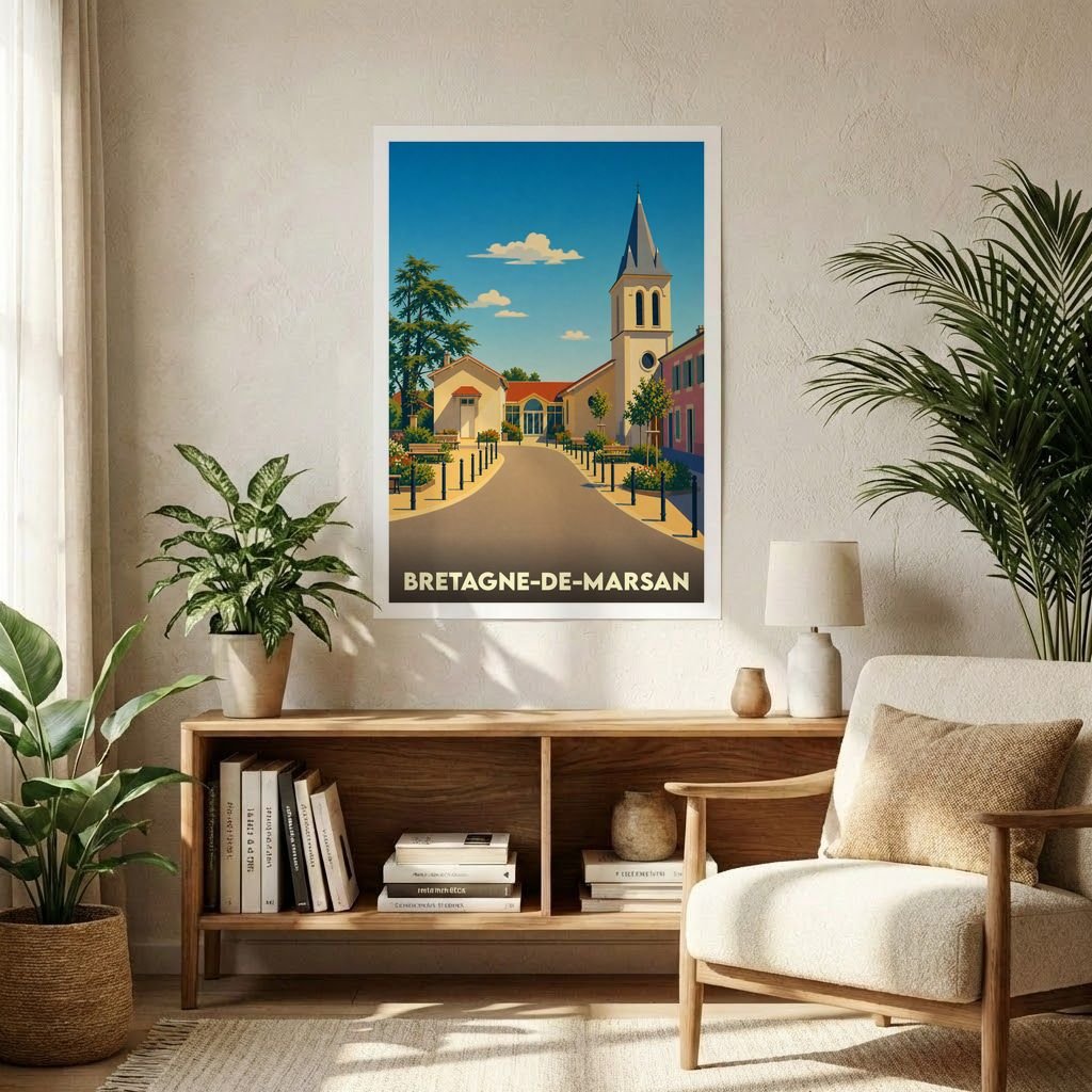 Affiche souvenir de la ville de Bretagne-de-Marsan avec une illustration stylisée de son église sous un ciel bleu.