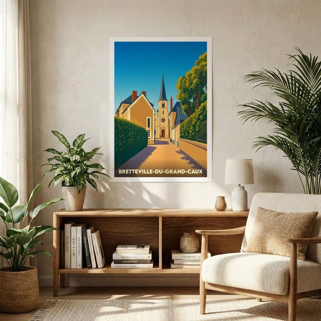 Affiche souvenir de la ville de Bretteville-du-Grand-Caux avec une illustration stylisée d'une rue menant à l'église.