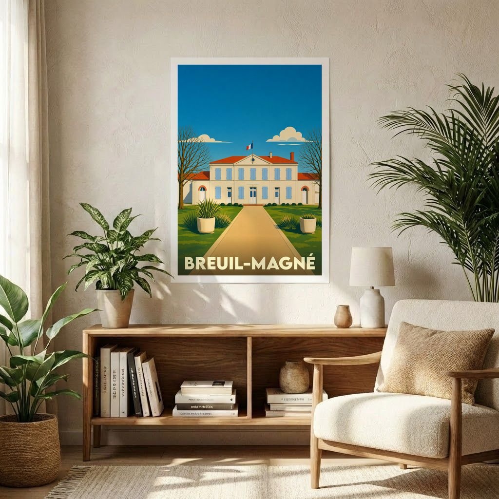 Affiche souvenir de la ville de Breuil-Magné avec une illustration stylisée de sa mairie.