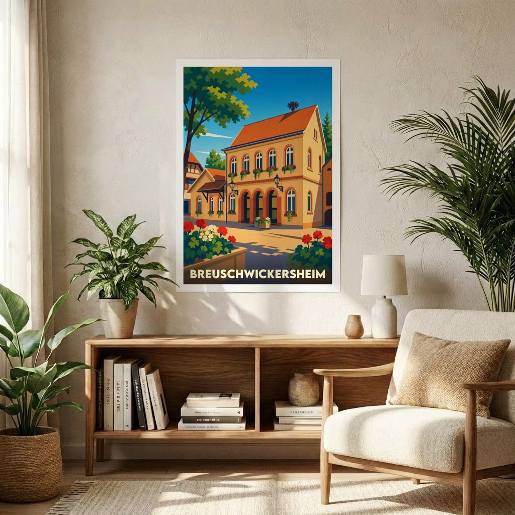 Affiche souvenir de la ville de Breuschwickersheim avec une illustration colorée et stylisée de son architecture traditionnelle.