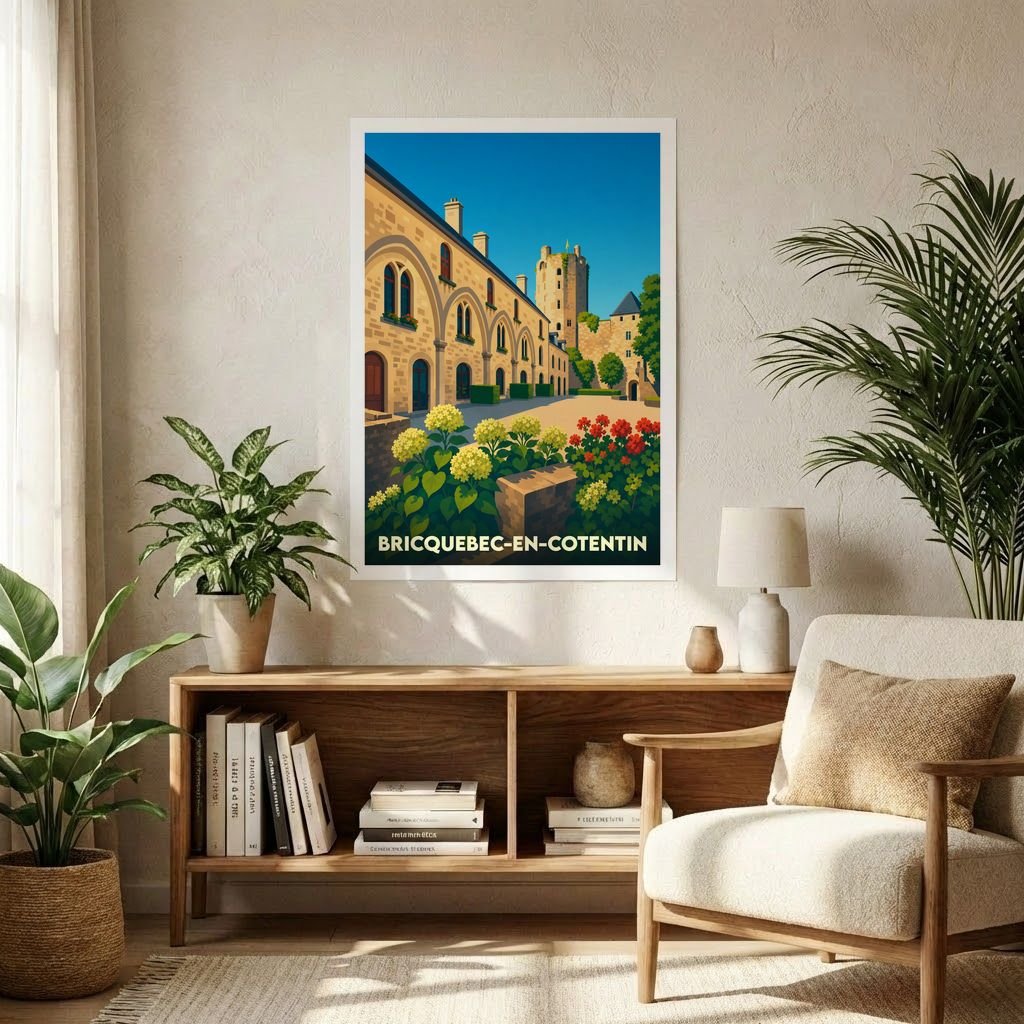 Affiche souvenir de la ville de Bricquebec-en-Cotentin avec une illustration stylisée du château et de son enceinte.