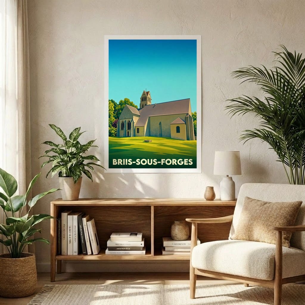 Affiche souvenir de la ville de Briis-sous-Forges avec une illustration stylisée de son église.