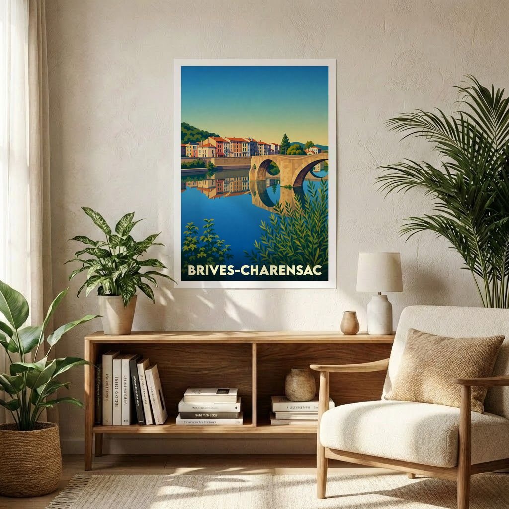 Affiche souvenir de la ville de Brives-Charensac illustrant son célèbre pont médiéval se reflétant dans l'eau.