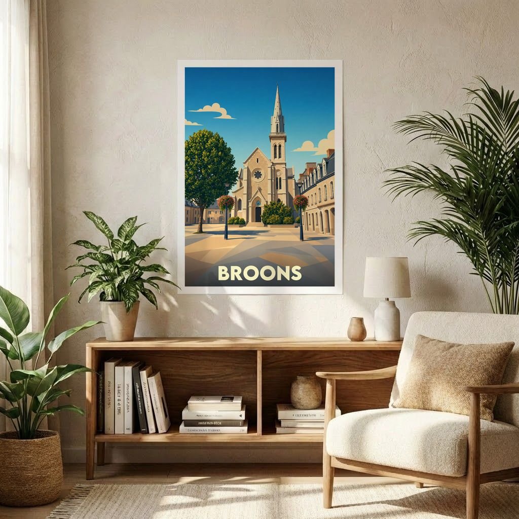 Affiche souvenir de la ville de Broons illustrant son église et sa place principale dans un style graphique épuré.