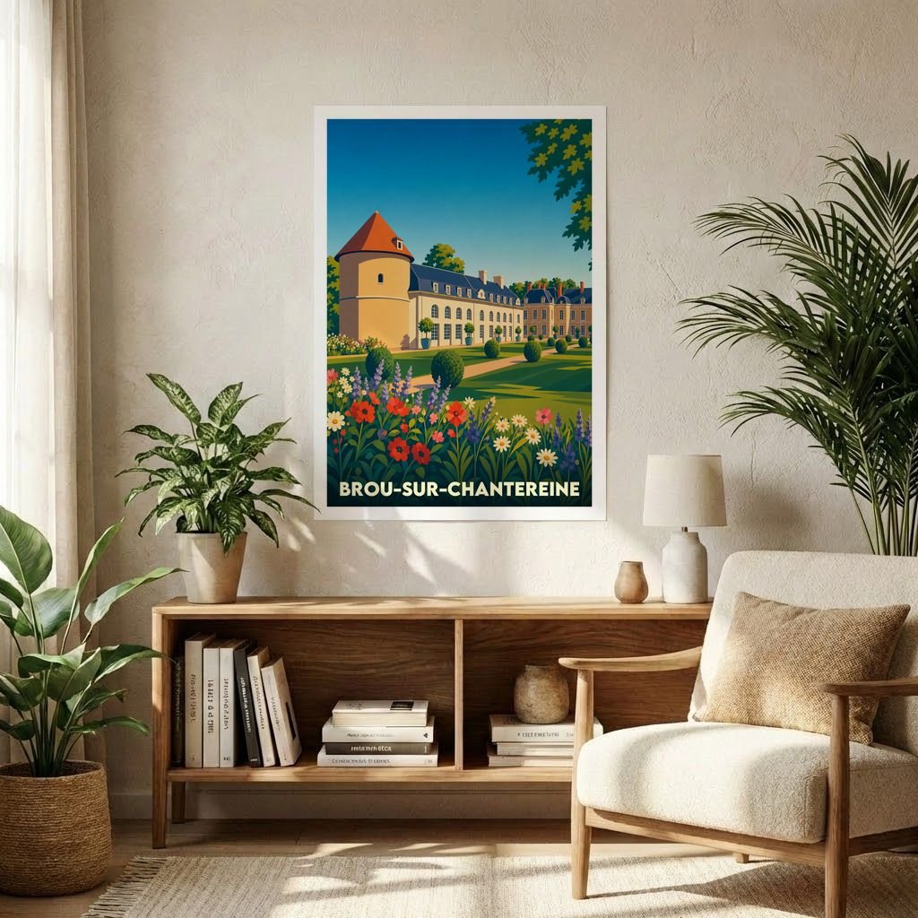 Affiche souvenir de la ville de Brou-sur-Chantereine avec une illustration stylisée de son château et de ses jardins.