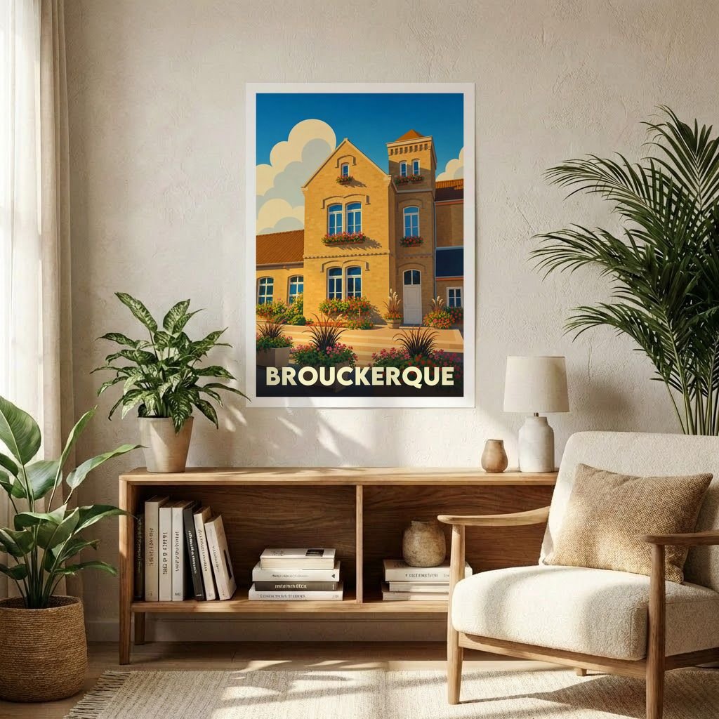 Affiche souvenir de la ville de Brouckerque avec une illustration stylisée d'un bâtiment typique.