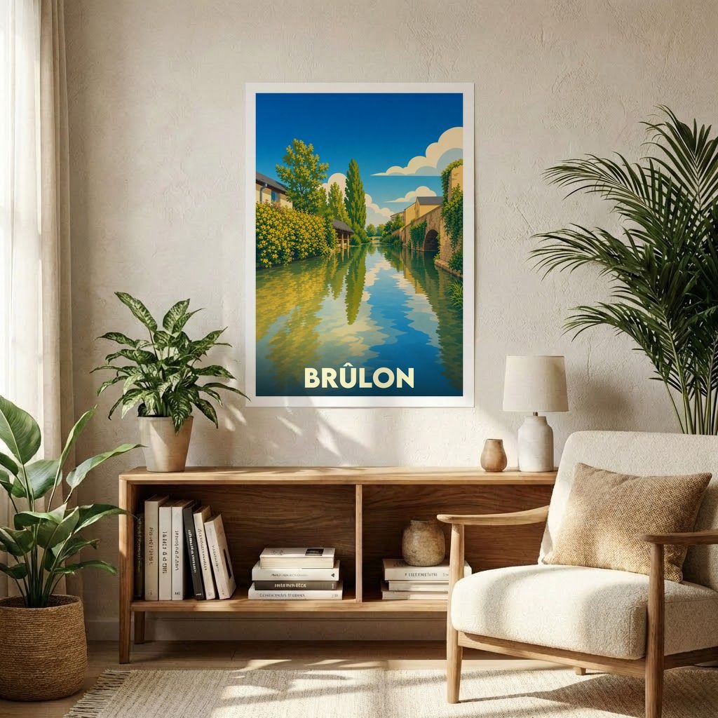 Affiche souvenir de la ville de Brûlon illustrant un canal paisible bordé de végétation dans un style vintage.