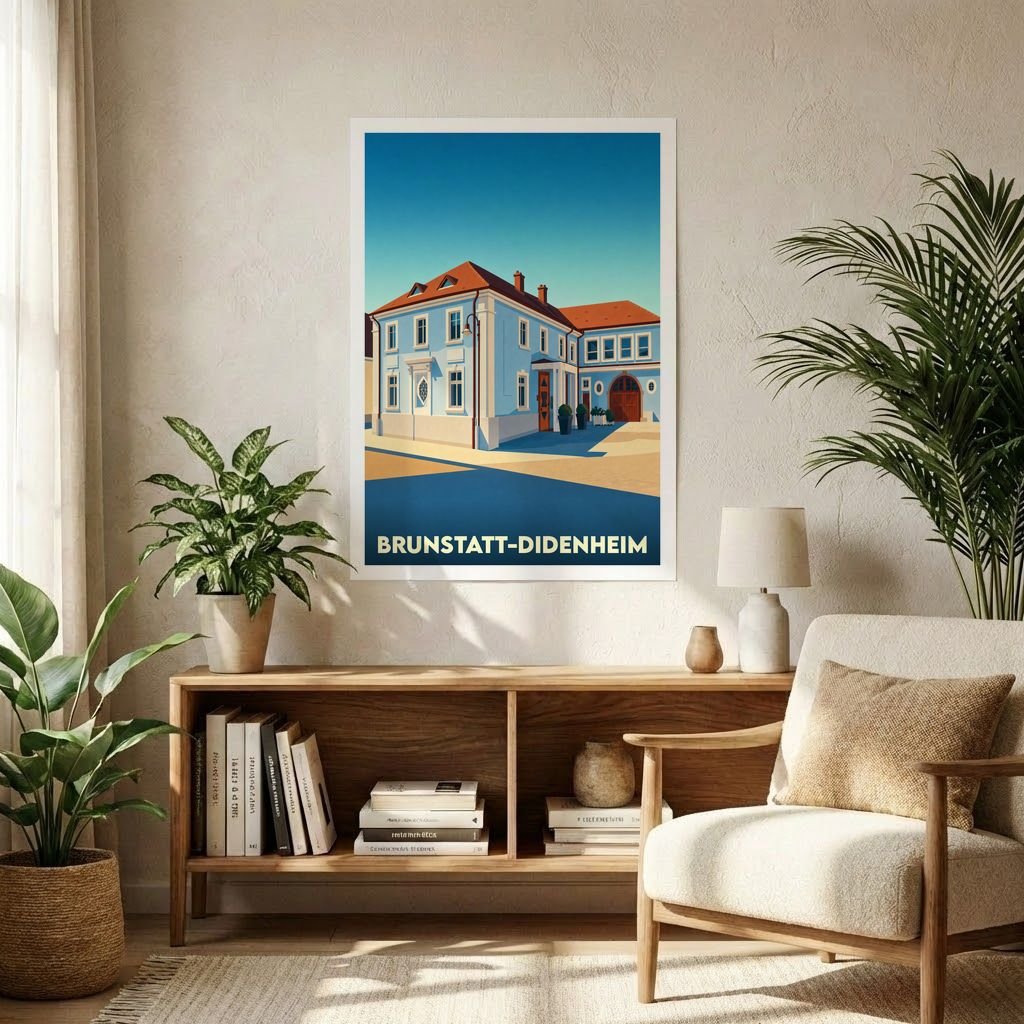 Affiche souvenir de la ville de Brunstatt-Didenheim avec une illustration stylisée d'un bâtiment bleu sous un ciel dégagé.