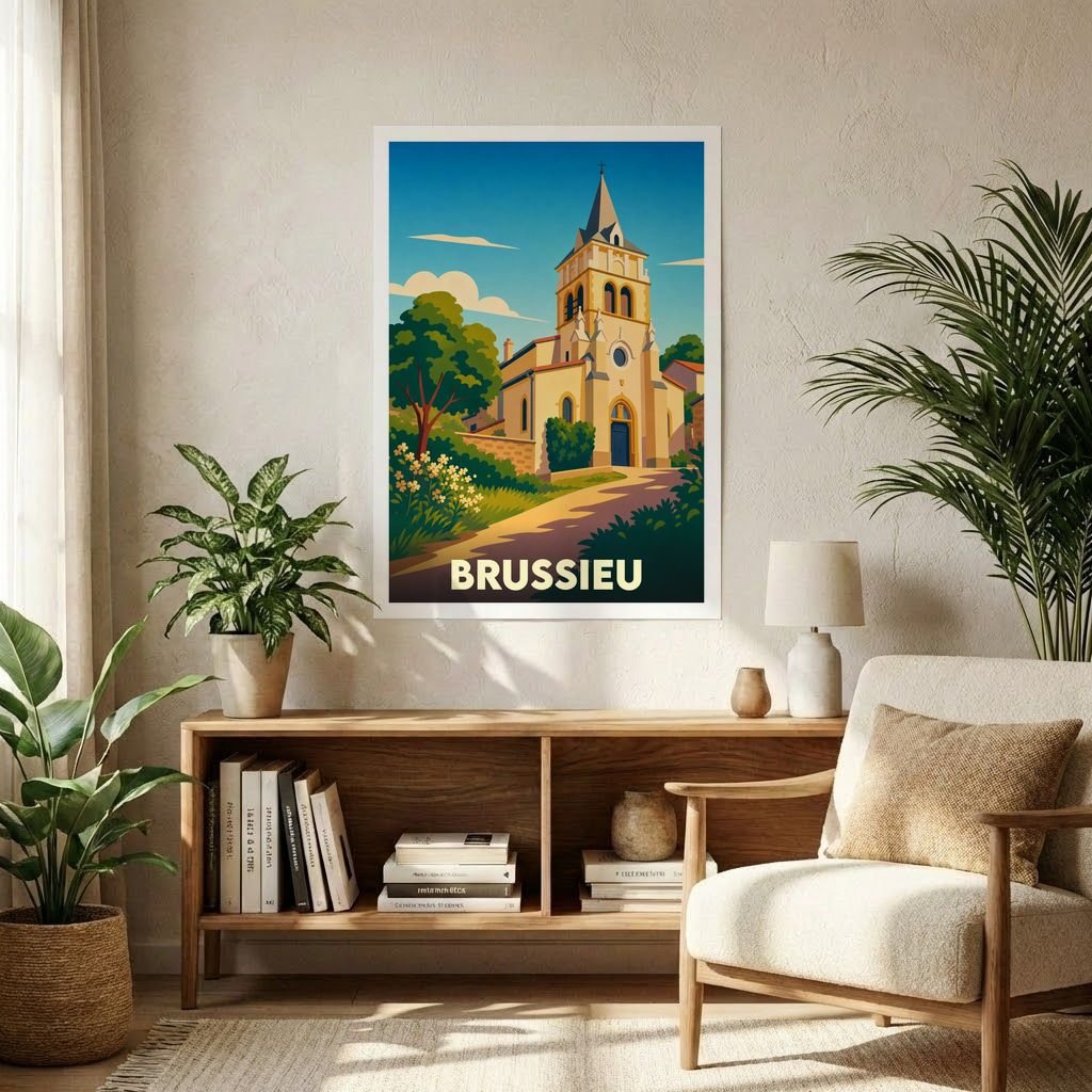 Affiche souvenir de la ville de Brussieu avec une illustration stylisée de son église sous un ciel azur.
