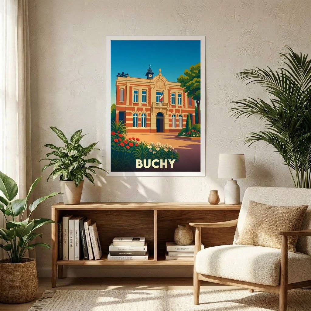 Affiche souvenir de la ville de Buchy présentant une illustration stylisée de sa mairie dans un intérieur moderne.