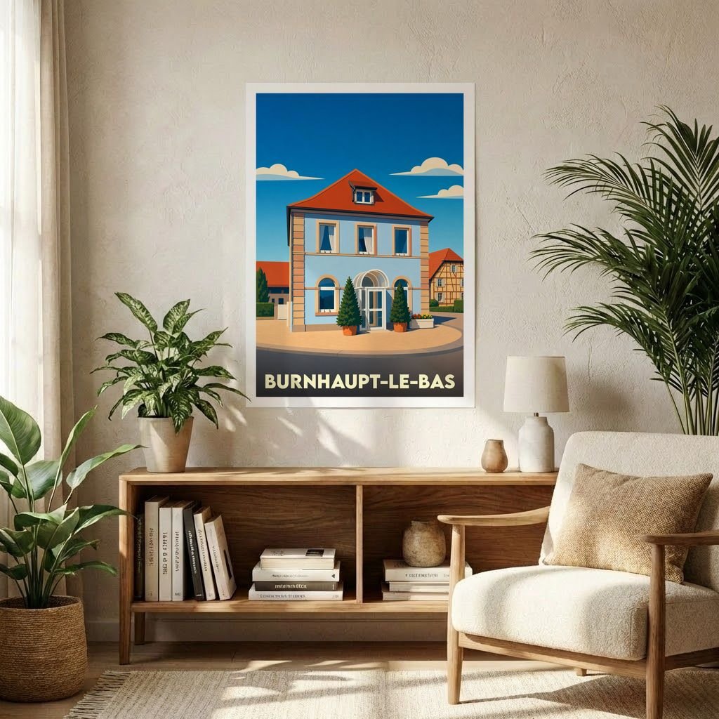 Affiche souvenir de la ville de Burnhaupt-le-Bas avec une illustration stylisée d'un bâtiment bleu sous un ciel ensoleillé.