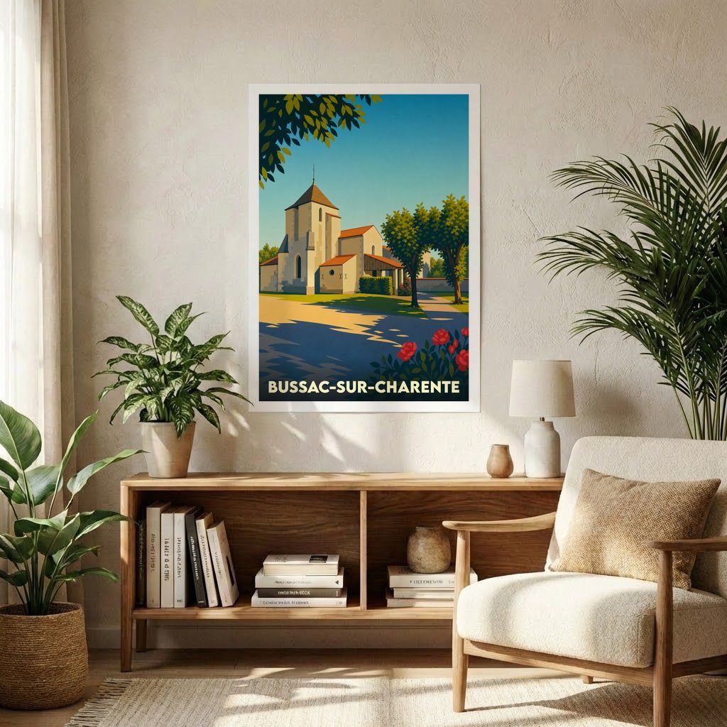 Affiche souvenir de la ville de Bussac-sur-Charente avec une illustration stylisée d'une église sous un ciel bleu.