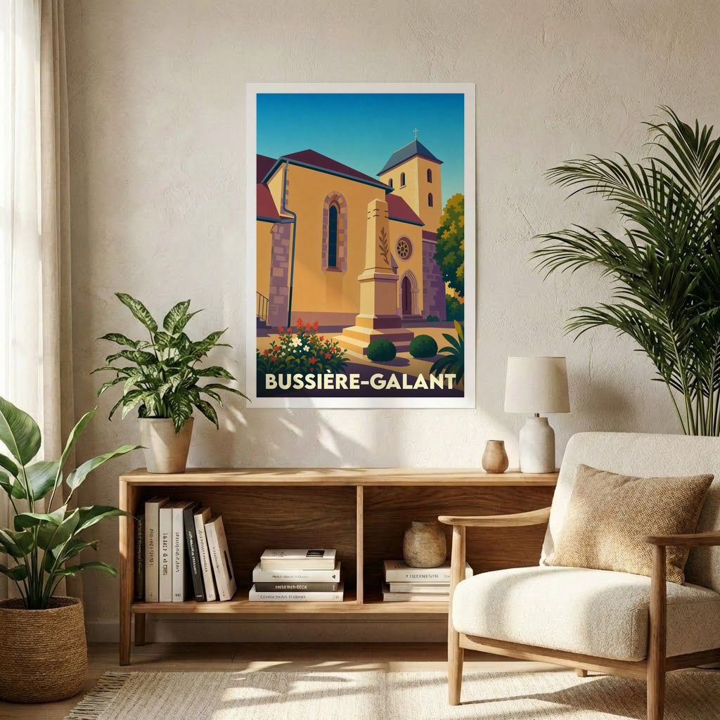 Affiche souvenir de la ville de Bussière-Galant avec une illustration stylisée de son église et d'un monument.