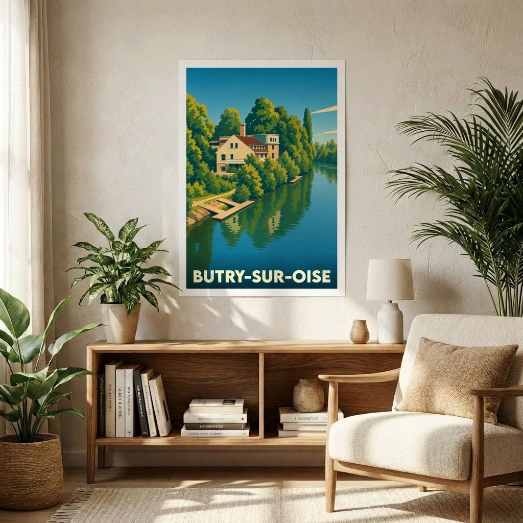 Affiche souvenir de la ville de Butry-sur-Oise avec une illustration stylisée d'une maison en bord de rivière.