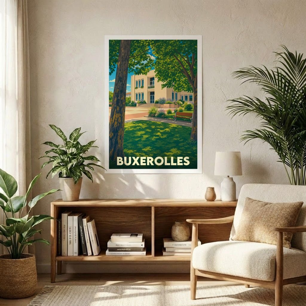 Affiche souvenir de la ville de Buxerolles avec une illustration stylisée d'un parc ensoleillé.