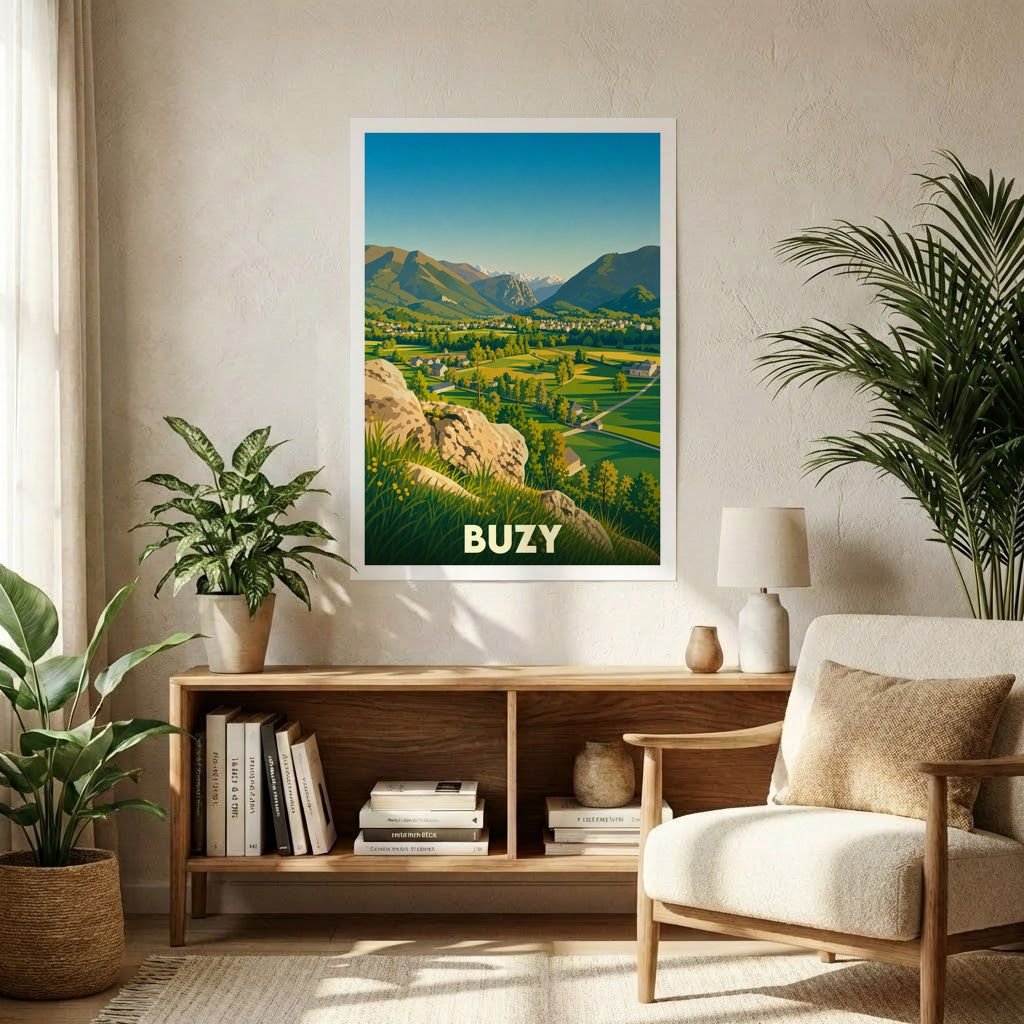 Affiche souvenir de la ville de Buzy représentant un paysage de vallée pyrénéenne avec une illustration stylisée.