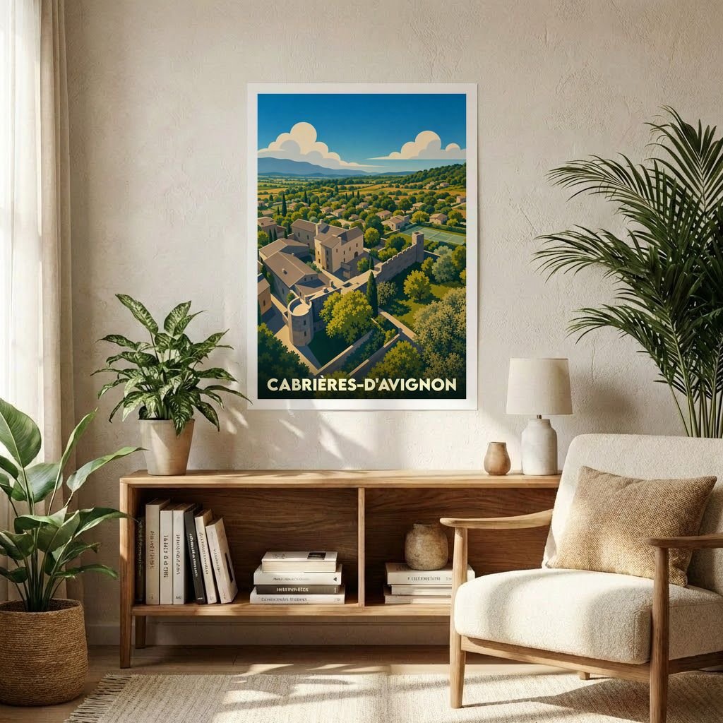 Affiche souvenir de la ville de Cabrières-d'Avignon avec une illustration stylisée de son paysage provençal.