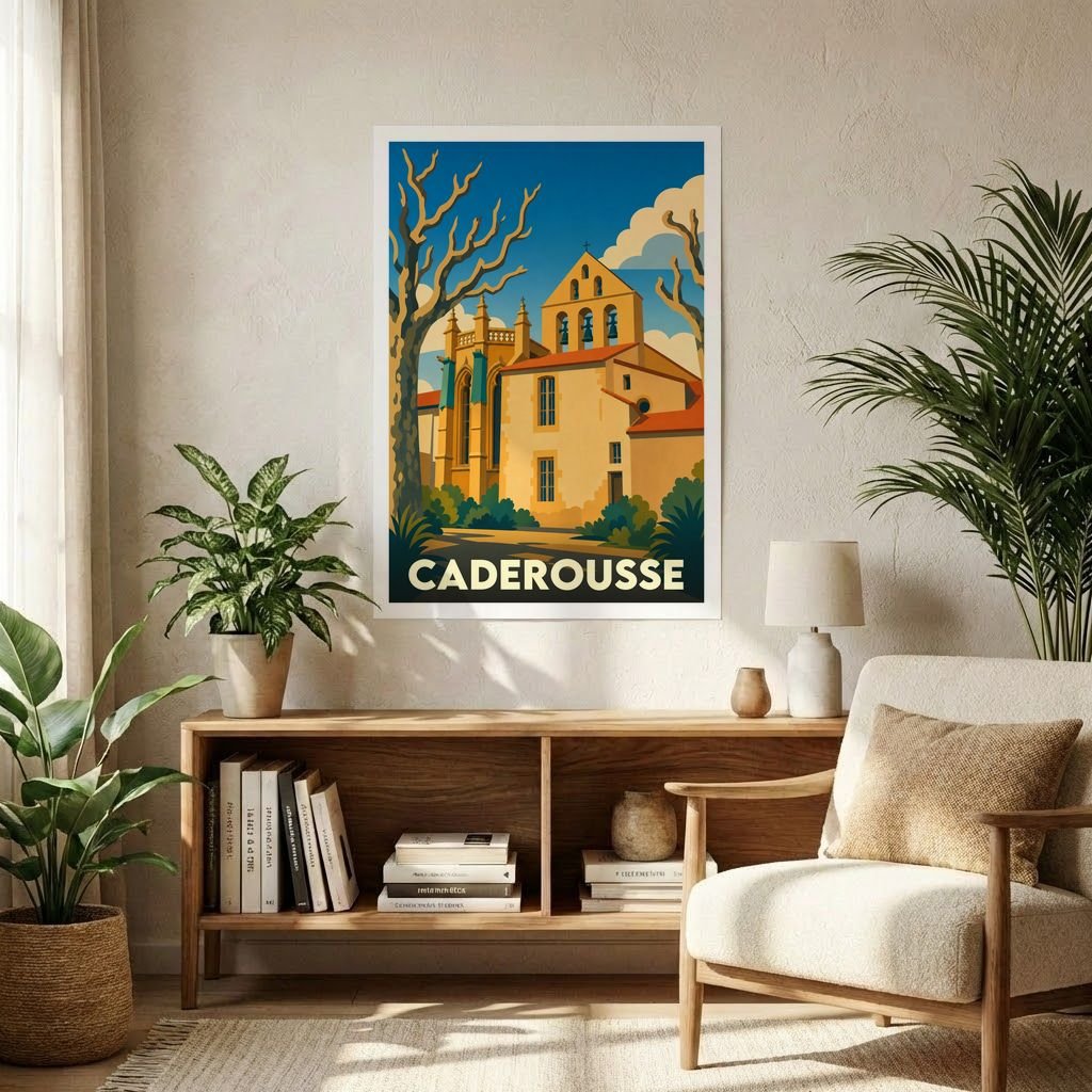 Affiche souvenir de la ville de Caderousse avec une illustration stylisée de son église et de son architecture provençale.