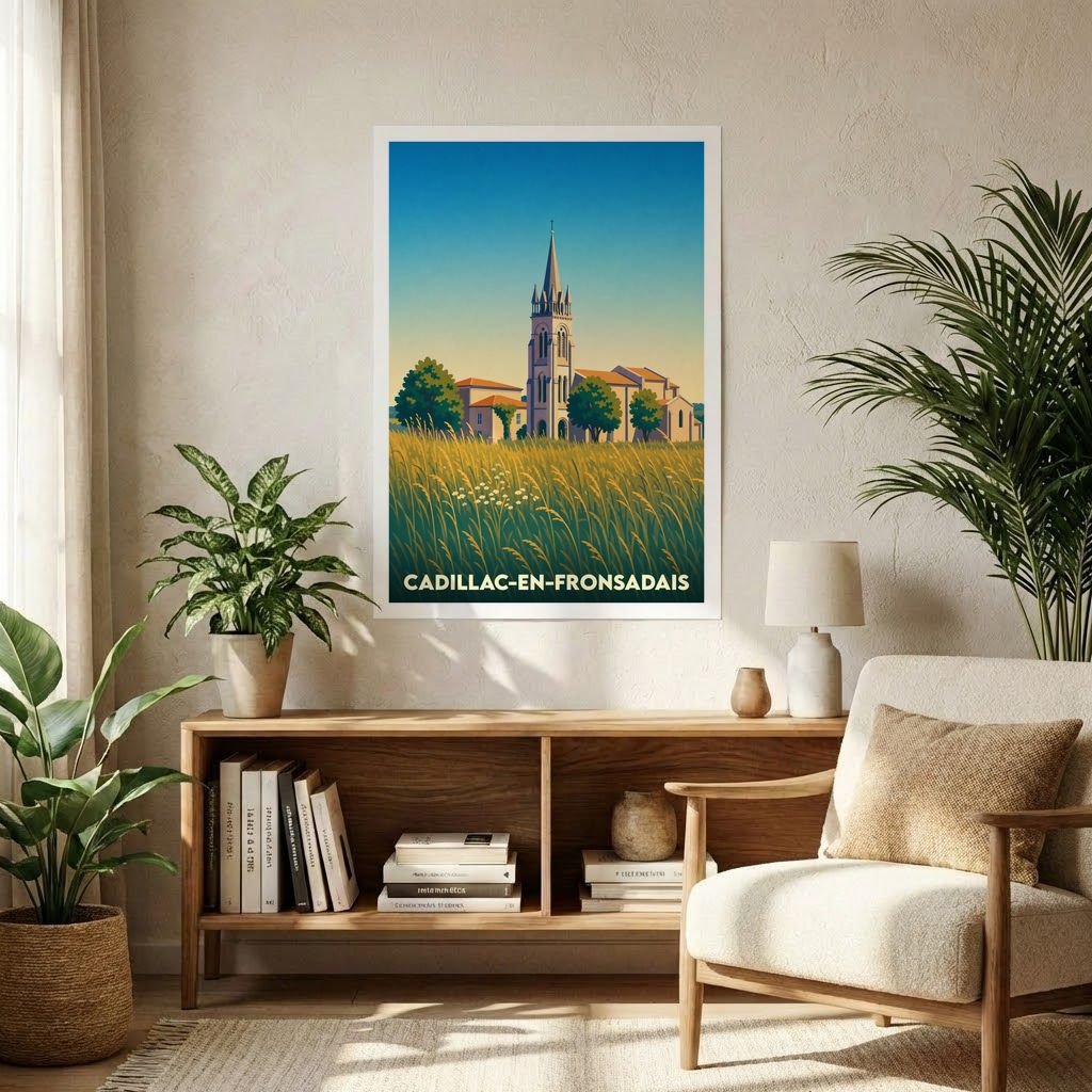Affiche souvenir de la ville de Cadillac-en-Fronsadais présentant une illustration stylisée de son église au milieu des champs.