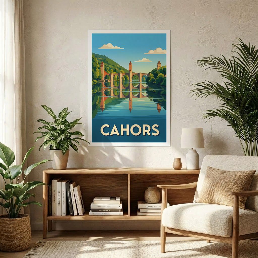 Affiche souvenir de la ville de Cahors avec une illustration stylisée du pont Valentré.