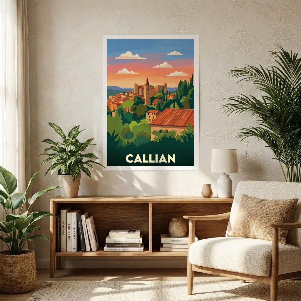 Affiche souvenir de la ville de Callian avec une illustration stylisée du village.