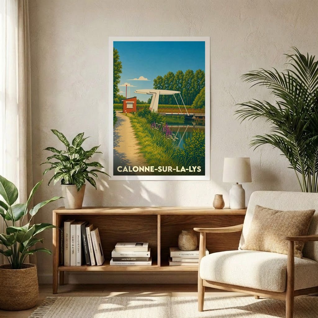 Affiche souvenir de la ville de Calonne-sur-la-Lys avec une illustration stylisée d'un pont levant au-dessus de l'eau.