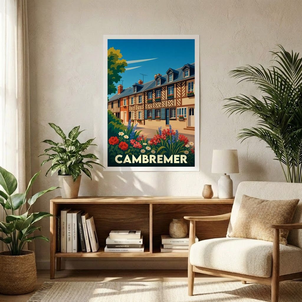 Affiche souvenir de la ville de Cambremer avec une illustration stylisée de maisons à colombages et de fleurs.