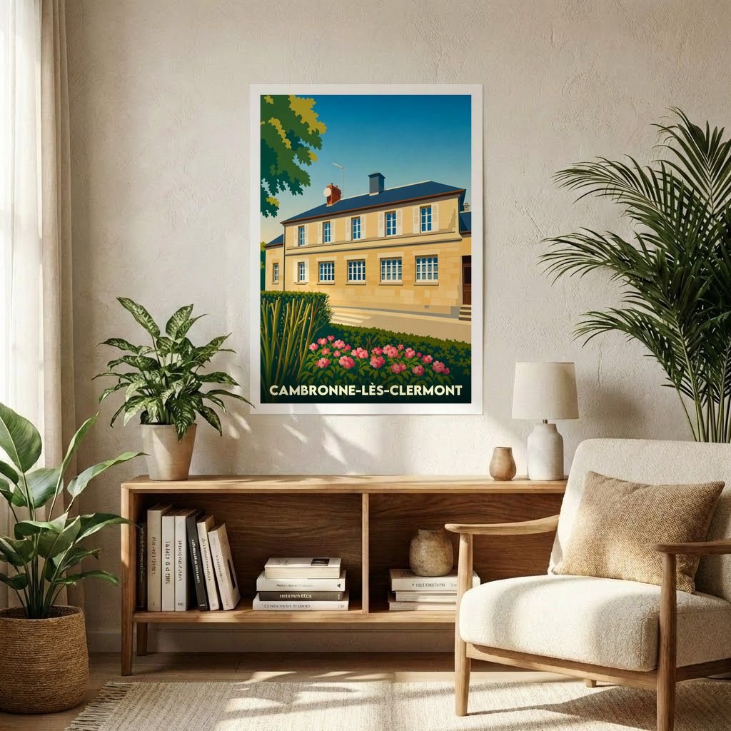 Affiche souvenir de la ville de Cambronne-lès-Clermont avec une illustration stylisée.