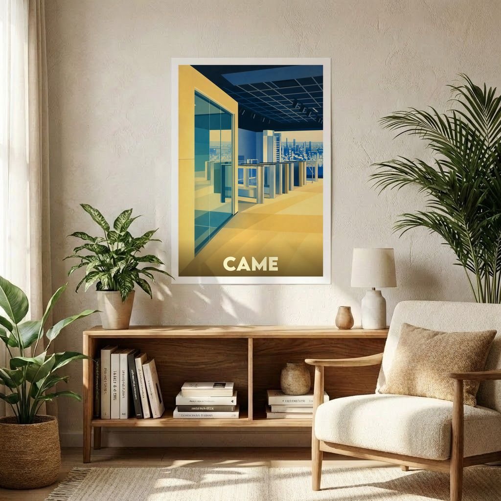 Affiche souvenir de la ville de Came avec une illustration stylisée d'un intérieur moderne.
