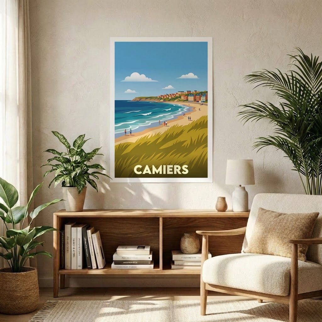 Affiche souvenir de la ville de Camiers avec une illustration stylisée de son paysage côtier.