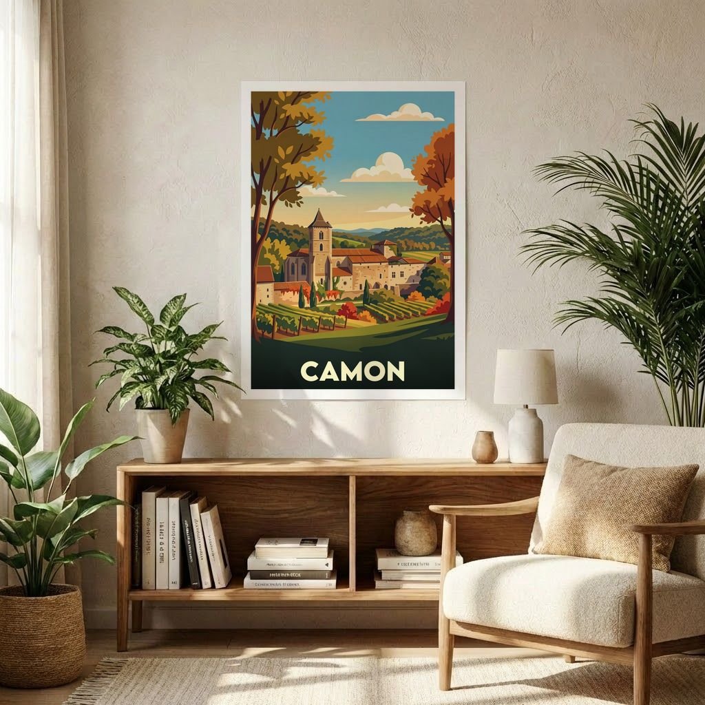 Affiche souvenir de la ville de Camon avec une illustration stylisée de son paysage historique.