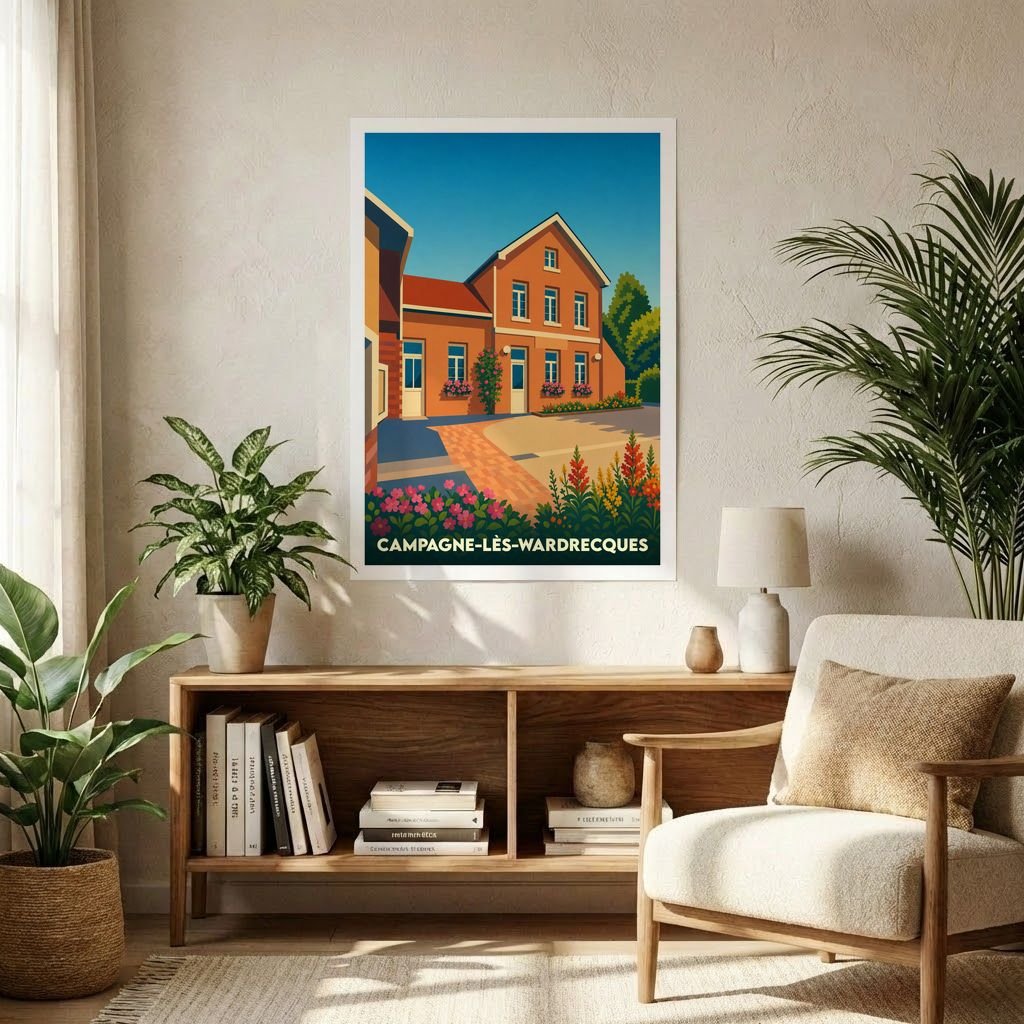 Affiche souvenir de la ville de Campagne-lès-Wardrecques avec une illustration stylisée d'une maison traditionnelle fleurie.