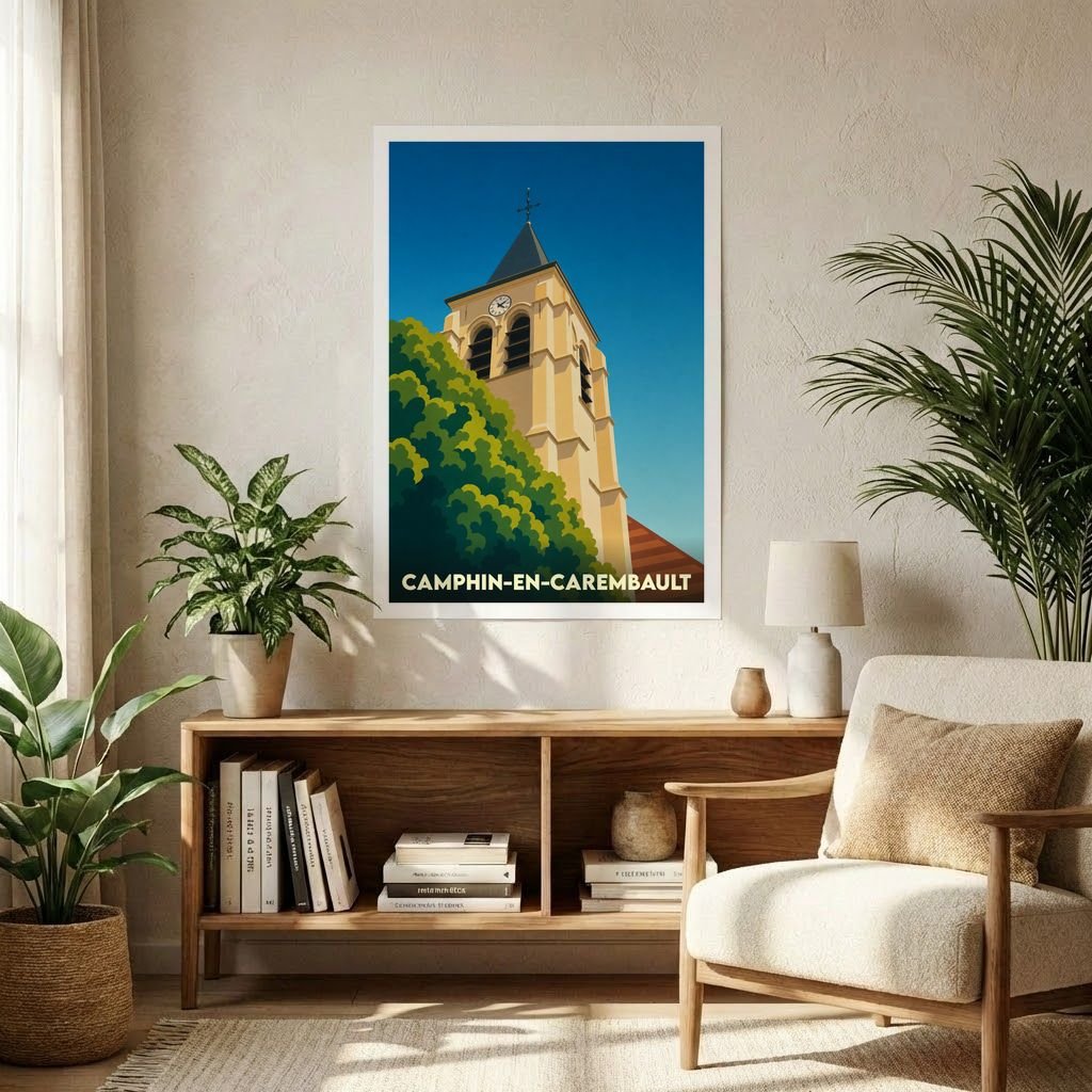 Affiche souvenir de la ville de Camphin-en-Carembault illustrant son clocher dans un style graphique et coloré.