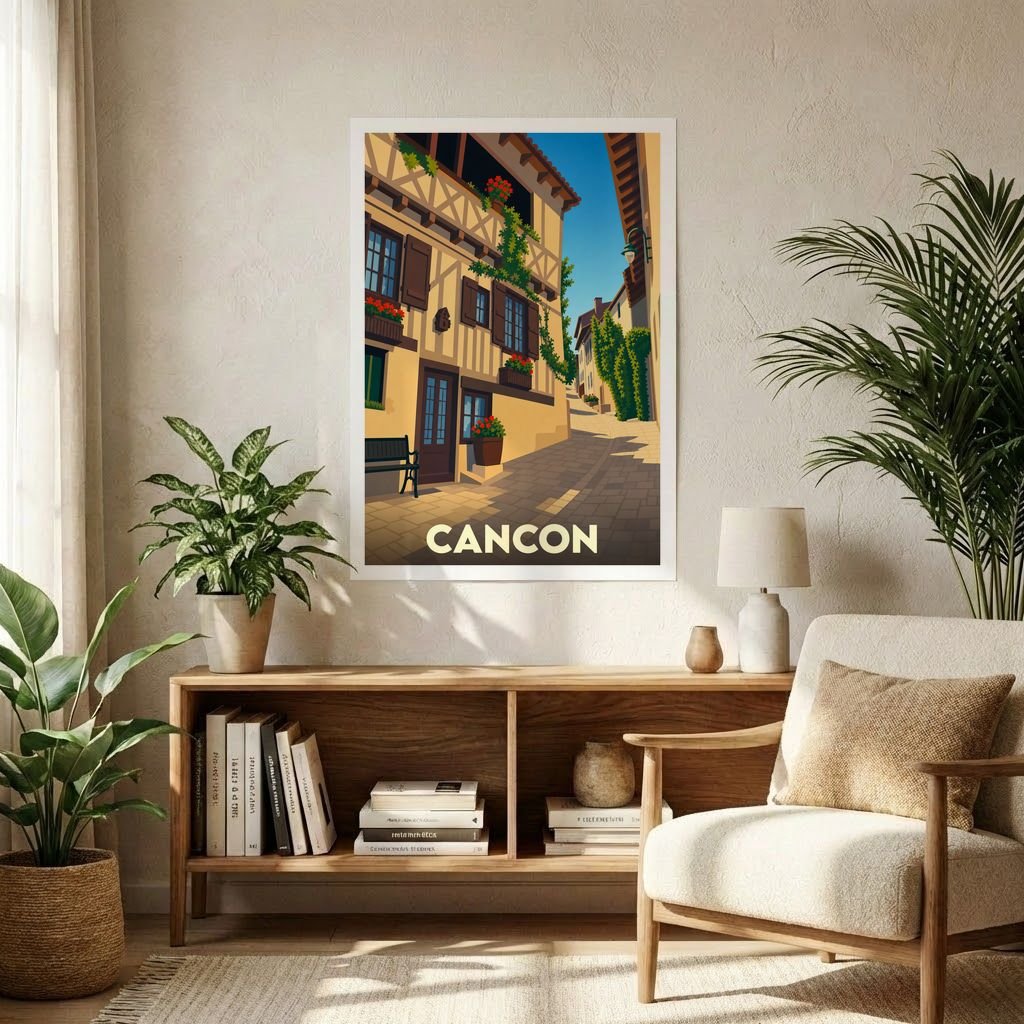 Affiche souvenir de la ville de Cancon présentant une illustration stylisée d'une ruelle pittoresque aux façades à colombages.