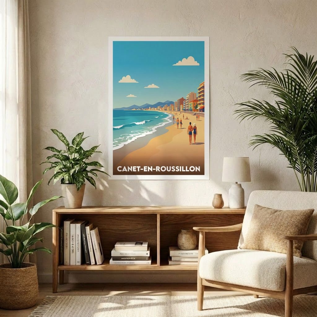 Affiche souvenir de la ville de Canet-en-Roussillon avec une illustration stylisée de son bord de mer.