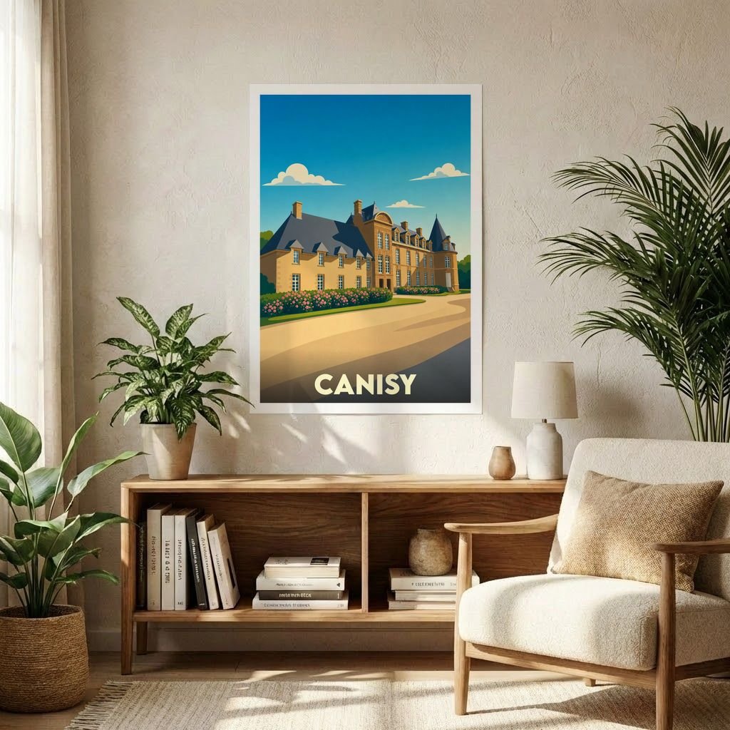 Affiche souvenir de la ville de Canisy présentant une illustration stylisée de son château sous un ciel bleu.