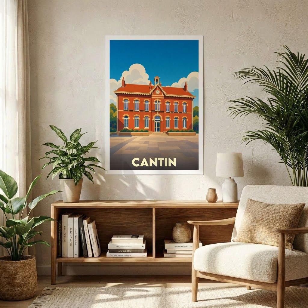 Affiche souvenir de la ville de Cantin avec une illustration stylisée de son hôtel de ville.