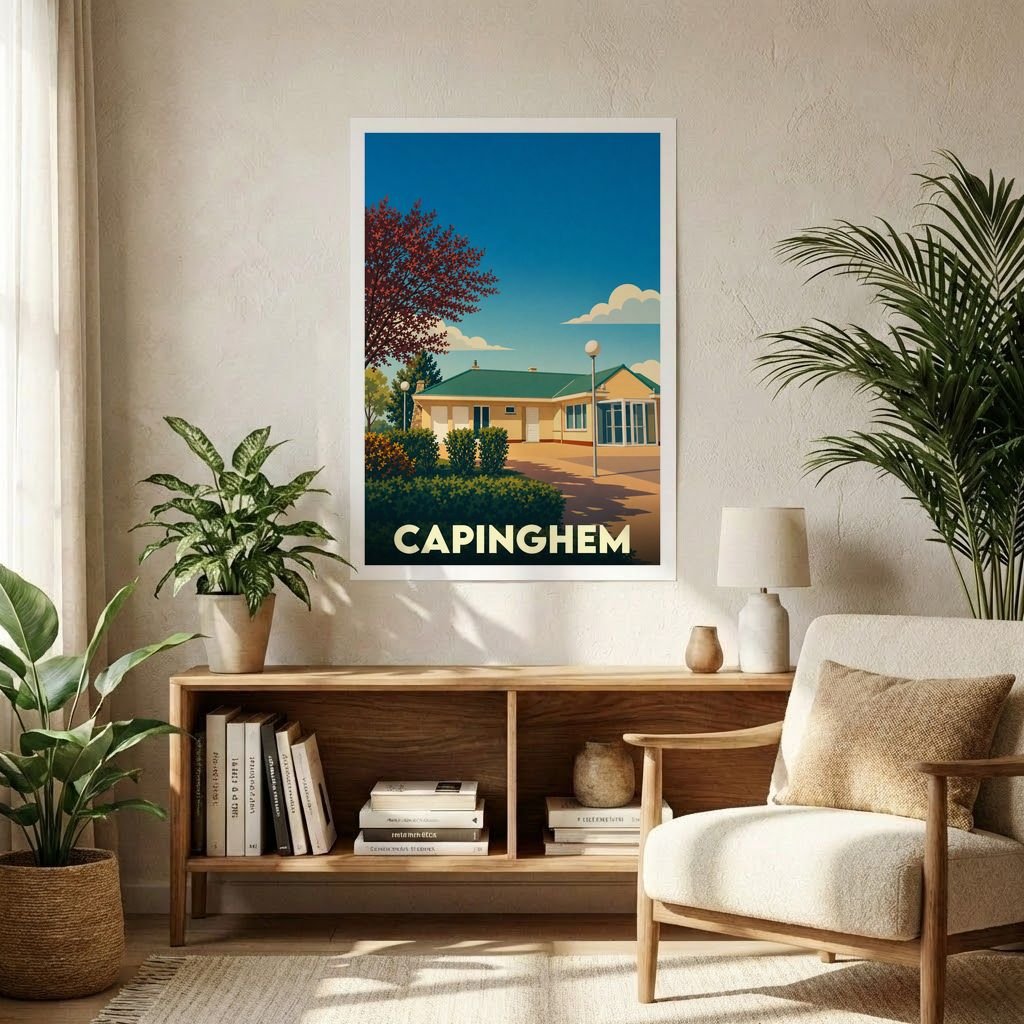 Affiche souvenir de la ville de Capinghem avec une illustration stylisée d'un bâtiment sous un ciel bleu.